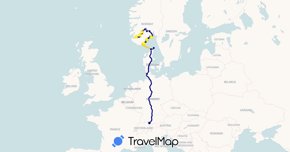 TravelMap itinerary: driving, ferry in Germany, Denmark, Norway (Europe)